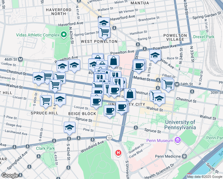 map of restaurants, bars, coffee shops, grocery stores, and more near 3940-42 Chestnut Street in Philadelphia