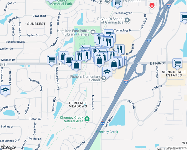 map of restaurants, bars, coffee shops, grocery stores, and more near 8767 South Street in Fishers