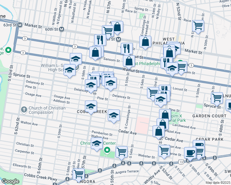 map of restaurants, bars, coffee shops, grocery stores, and more near 5544 Spruce Street in Philadelphia