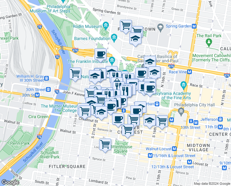 map of restaurants, bars, coffee shops, grocery stores, and more near 1936 Arch Street in Philadelphia