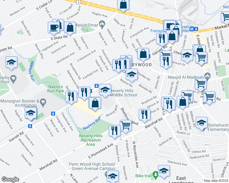 map of restaurants, bars, coffee shops, grocery stores, and more near 329 Sherbrook Boulevard in Delaware County