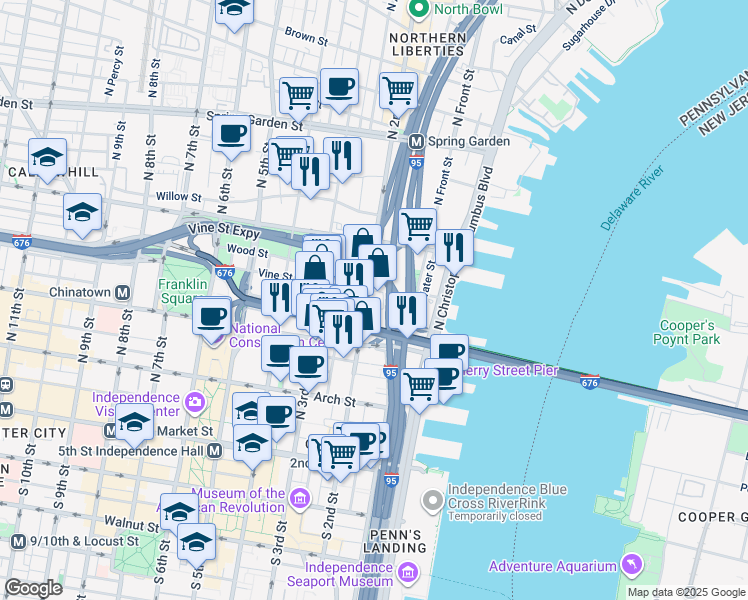 map of restaurants, bars, coffee shops, grocery stores, and more near 257 North 2nd Street in Philadelphia