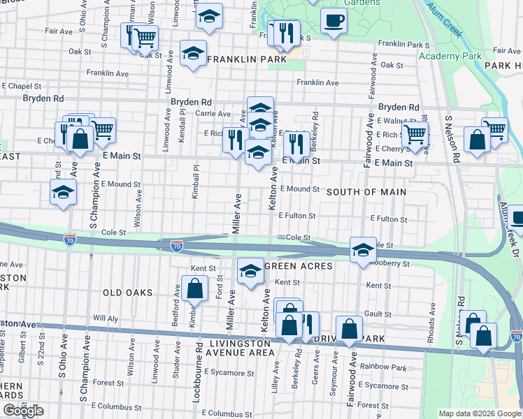 map of restaurants, bars, coffee shops, grocery stores, and more near 545 Kelton Avenue in Columbus