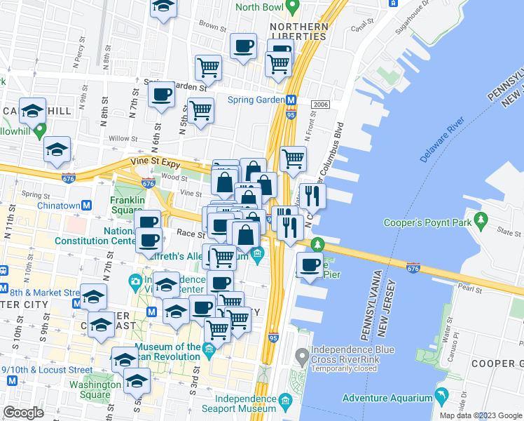 map of restaurants, bars, coffee shops, grocery stores, and more near 257 North 2nd Street in Philadelphia