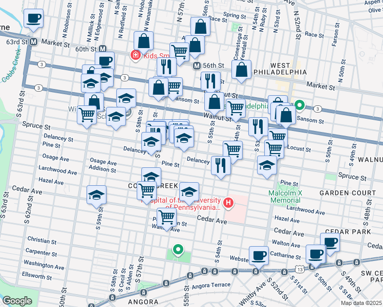 map of restaurants, bars, coffee shops, grocery stores, and more near 5546 Spruce Street in Philadelphia
