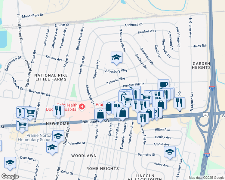 map of restaurants, bars, coffee shops, grocery stores, and more near 4941 Beacon Hill Road in Columbus
