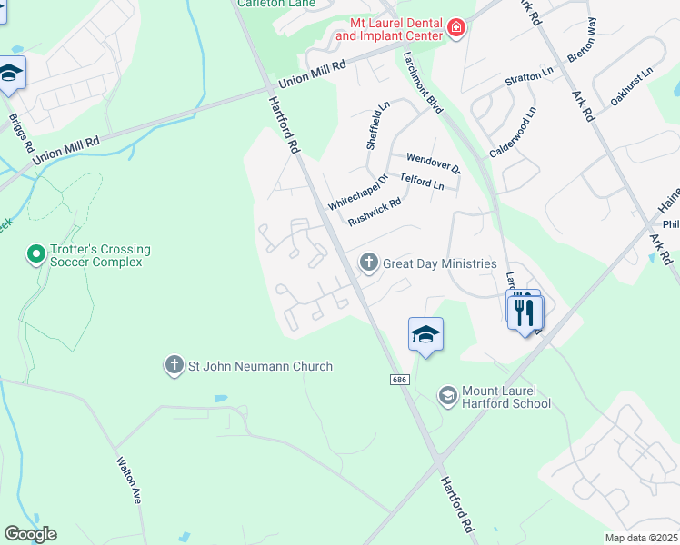 map of restaurants, bars, coffee shops, grocery stores, and more near 262B Everly Court in Mount Laurel Township
