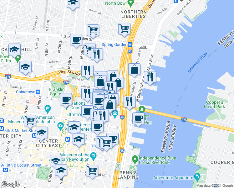 map of restaurants, bars, coffee shops, grocery stores, and more near 257 North 2nd Street in Philadelphia