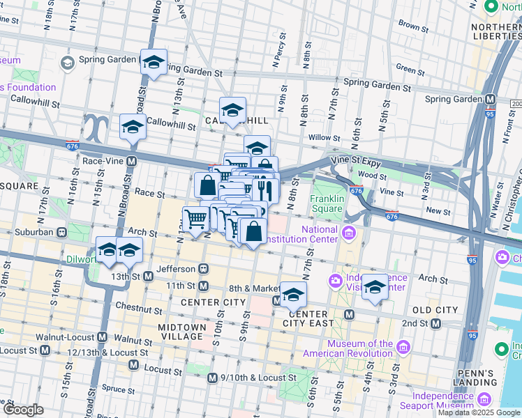 map of restaurants, bars, coffee shops, grocery stores, and more near 923 Race Street in Philadelphia