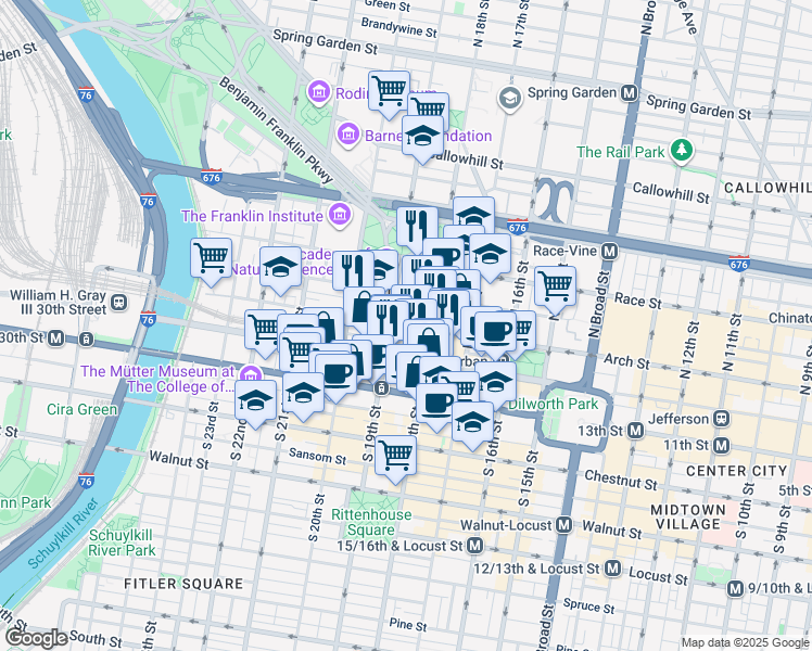 map of restaurants, bars, coffee shops, grocery stores, and more near 1900 Market Street in Philadelphia