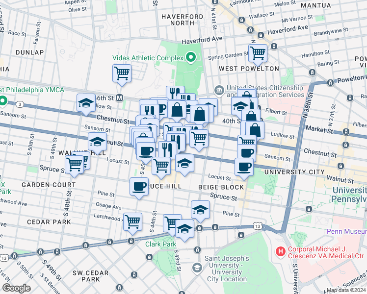 map of restaurants, bars, coffee shops, grocery stores, and more near 121 South 43rd Street in Philadelphia