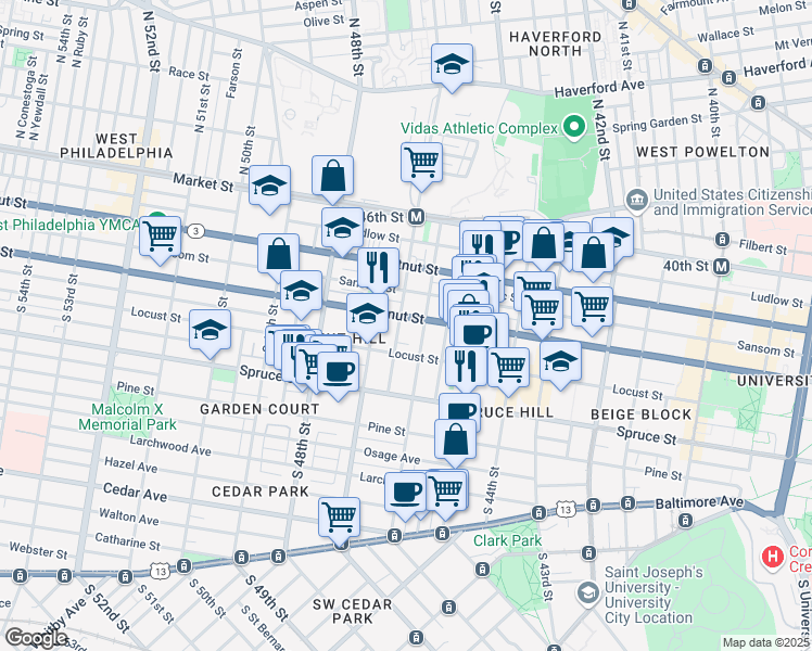 map of restaurants, bars, coffee shops, grocery stores, and more near 4620 Walnut Street in Philadelphia