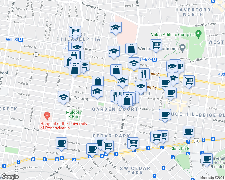map of restaurants, bars, coffee shops, grocery stores, and more near 4918 Chancellor Street in Philadelphia