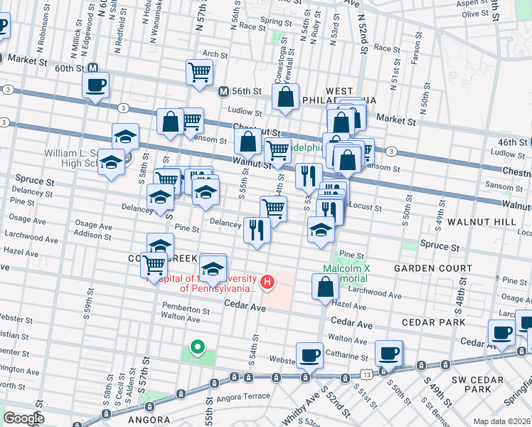 map of restaurants, bars, coffee shops, grocery stores, and more near 5441 Spruce Street in Philadelphia