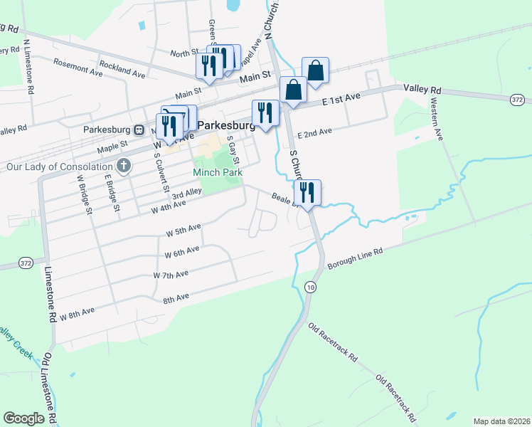 map of restaurants, bars, coffee shops, grocery stores, and more near 302 West 5th Avenue in Parkesburg