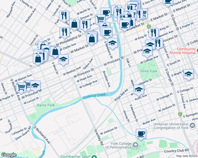 map of restaurants, bars, coffee shops, grocery stores, and more near 150 Mill Lane in York
