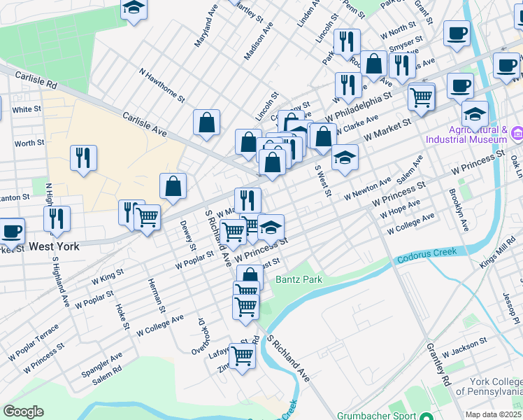 map of restaurants, bars, coffee shops, grocery stores, and more near 47 South Royal Street in York