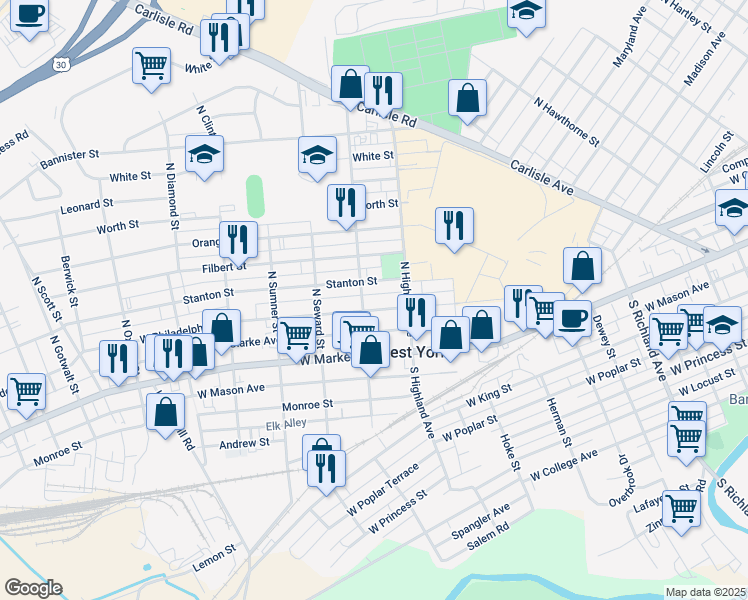 map of restaurants, bars, coffee shops, grocery stores, and more near 1497 West Philadelphia Street in West York