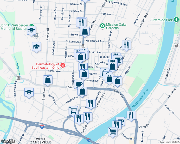 map of restaurants, bars, coffee shops, grocery stores, and more near 537 Forest Avenue in Zanesville