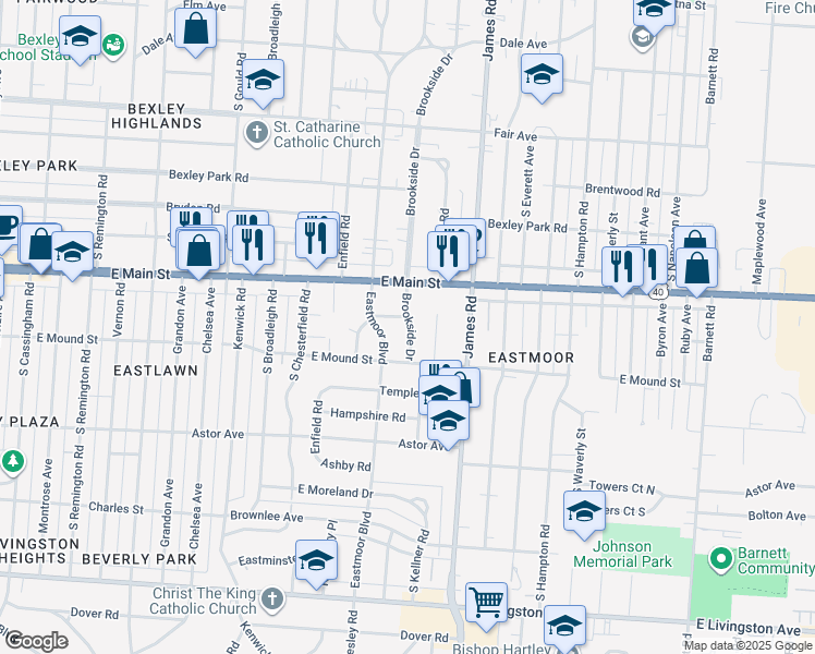 map of restaurants, bars, coffee shops, grocery stores, and more near 758 Brookside Drive in Columbus