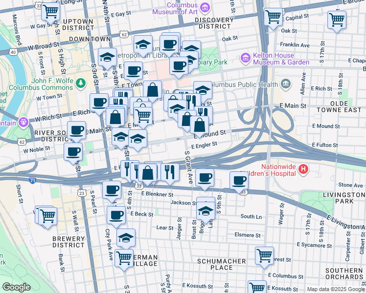 map of restaurants, bars, coffee shops, grocery stores, and more near 389 South Grant Avenue in Columbus