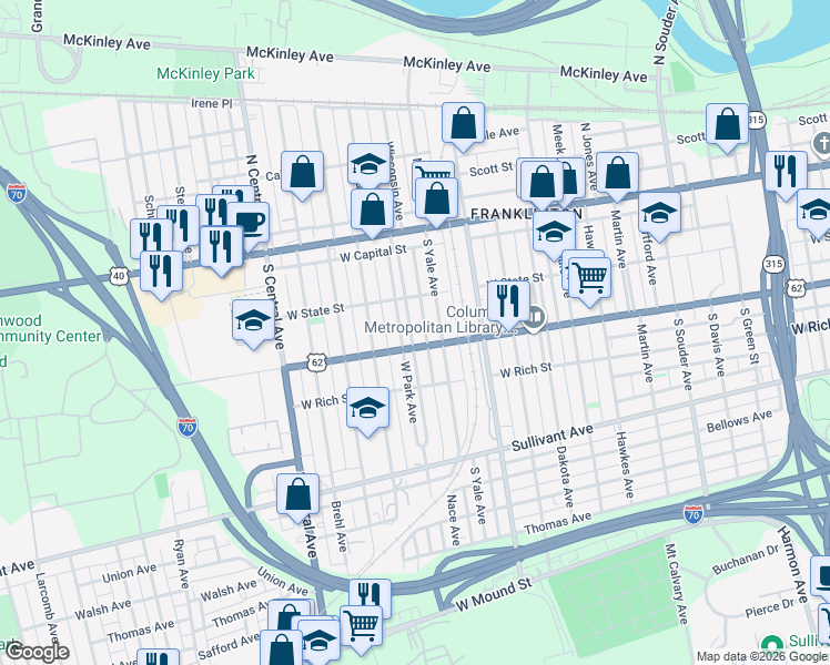 map of restaurants, bars, coffee shops, grocery stores, and more near 140 West Park Avenue in Columbus