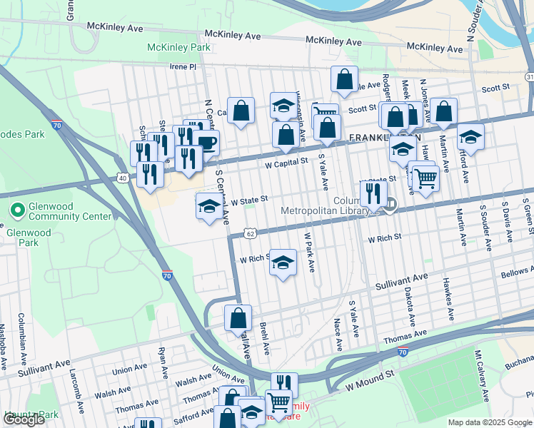 map of restaurants, bars, coffee shops, grocery stores, and more near 119 Dana Avenue in Columbus