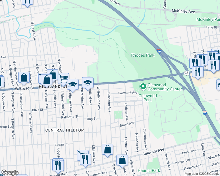 map of restaurants, bars, coffee shops, grocery stores, and more near 2047 West Broad Street in Columbus
