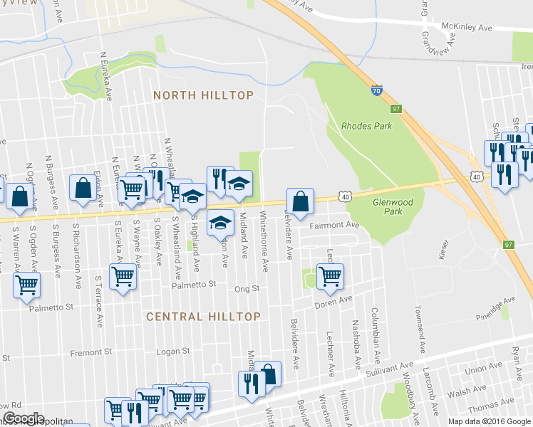 map of restaurants, bars, coffee shops, grocery stores, and more near in Columbus