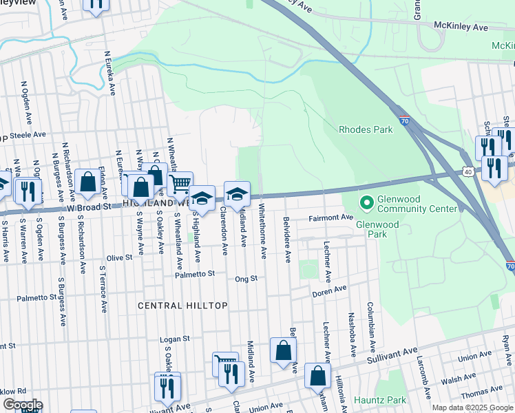 map of restaurants, bars, coffee shops, grocery stores, and more near in Columbus