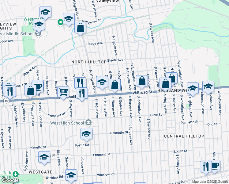 map of restaurants, bars, coffee shops, grocery stores, and more near 2655 National Road Southwest in Columbus
