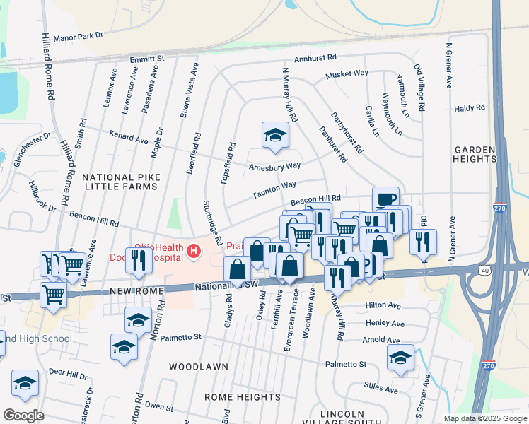 map of restaurants, bars, coffee shops, grocery stores, and more near 4926 Beacon Hill Road in Columbus