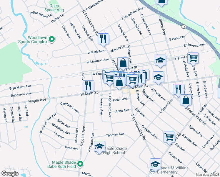 map of restaurants, bars, coffee shops, grocery stores, and more near 111 West Main Street in Maple Shade