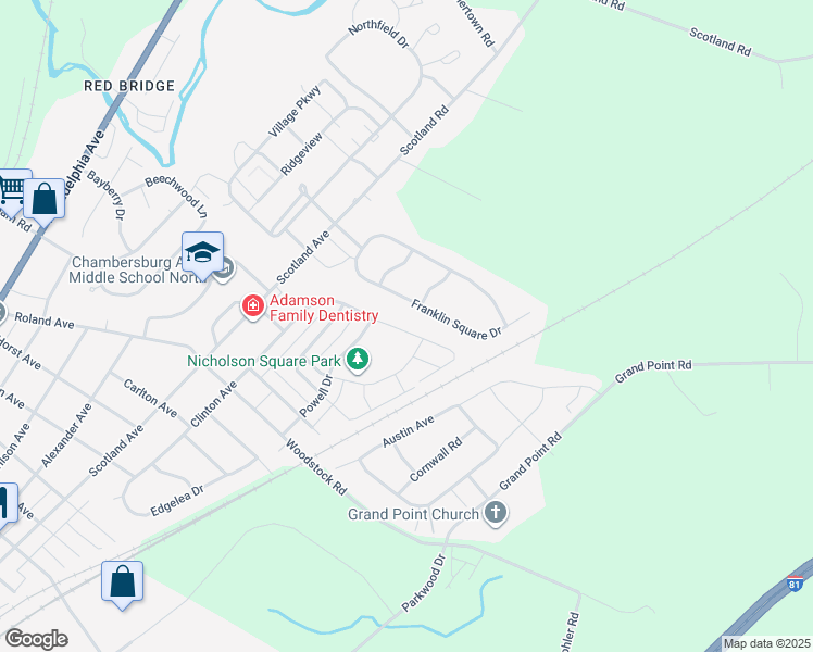 map of restaurants, bars, coffee shops, grocery stores, and more near 2052 Powell Drive in Chambersburg