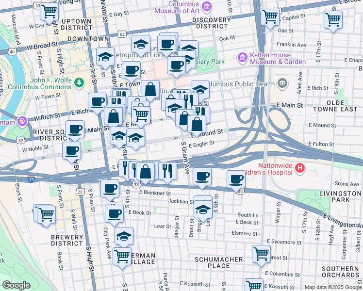 map of restaurants, bars, coffee shops, grocery stores, and more near 389 South Grant Avenue in Columbus