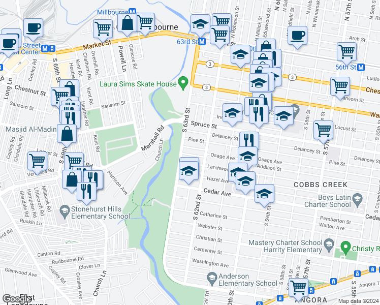 map of restaurants, bars, coffee shops, grocery stores, and more near 6247 Addison Street in Philadelphia