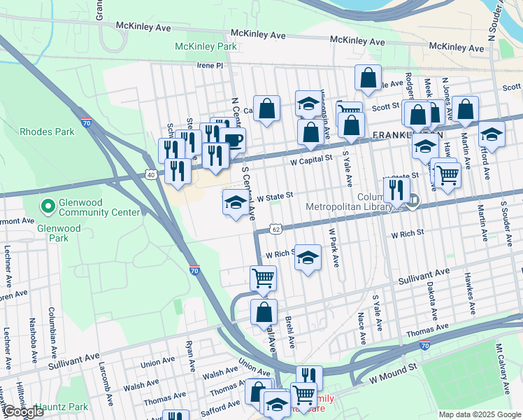 map of restaurants, bars, coffee shops, grocery stores, and more near 120 South Central Avenue in Columbus
