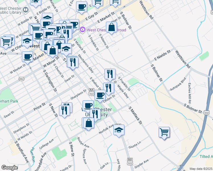 map of restaurants, bars, coffee shops, grocery stores, and more near 508 Keystone Alley in West Chester