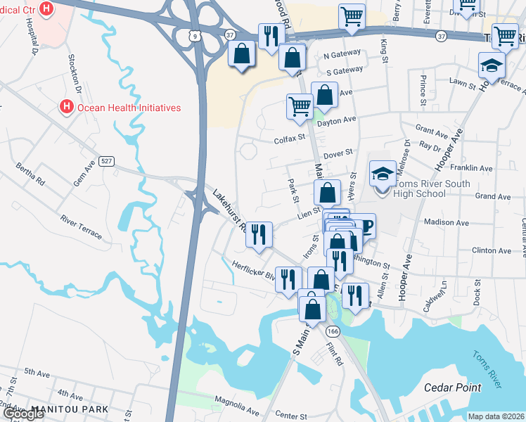 map of restaurants, bars, coffee shops, grocery stores, and more near 113 Hamlet Court in Toms River