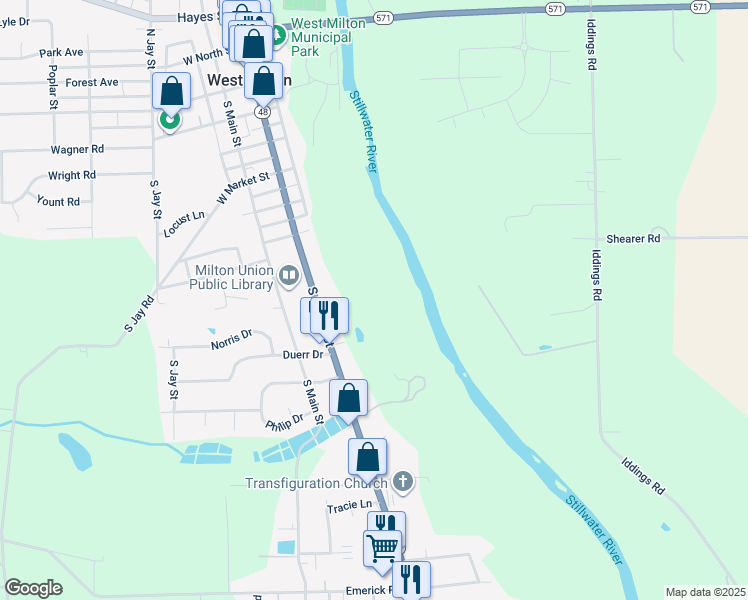 map of restaurants, bars, coffee shops, grocery stores, and more near in West Milton