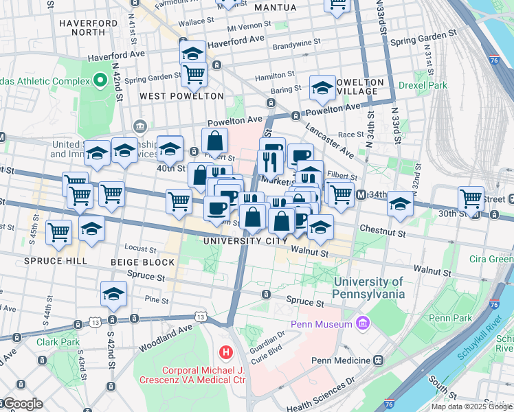 map of restaurants, bars, coffee shops, grocery stores, and more near in Philadelphia