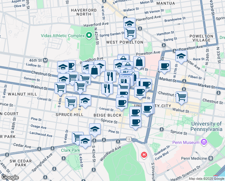 map of restaurants, bars, coffee shops, grocery stores, and more near 4053 Sansom Street in Philadelphia