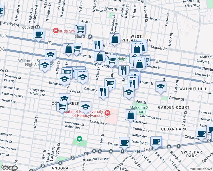 map of restaurants, bars, coffee shops, grocery stores, and more near 5417 Spruce Street in Philadelphia