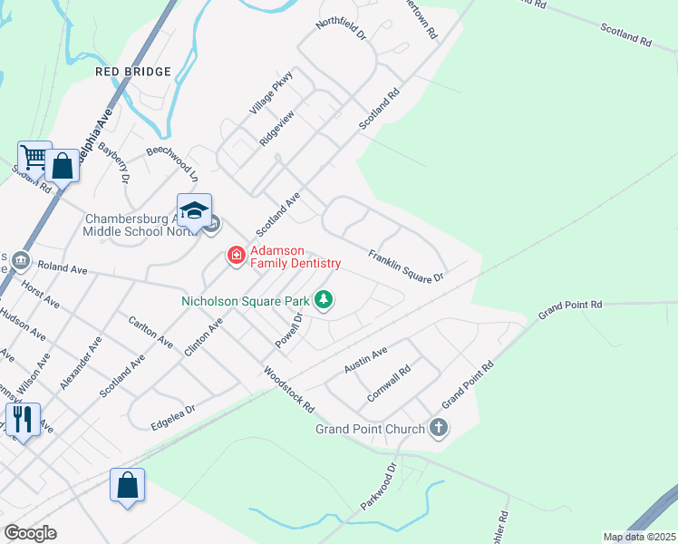 map of restaurants, bars, coffee shops, grocery stores, and more near 2052 Powell Drive in Chambersburg