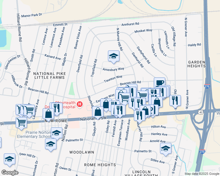 map of restaurants, bars, coffee shops, grocery stores, and more near 4939 Beacon Hill Road in Columbus