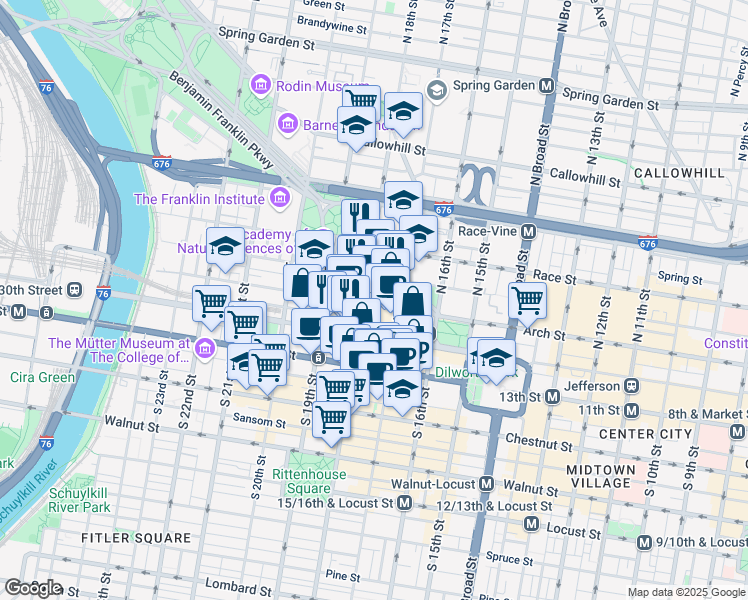 map of restaurants, bars, coffee shops, grocery stores, and more near 1717 Arch Street in Philadelphia