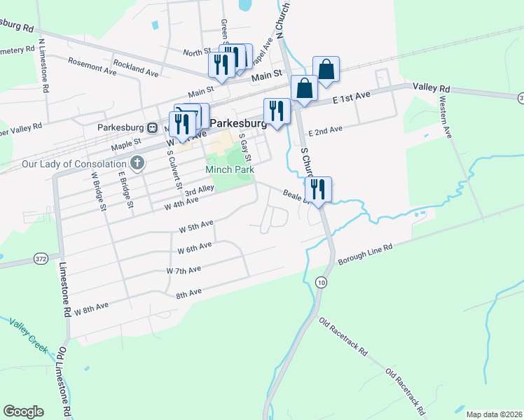 map of restaurants, bars, coffee shops, grocery stores, and more near 302 West 5th Avenue in Parkesburg