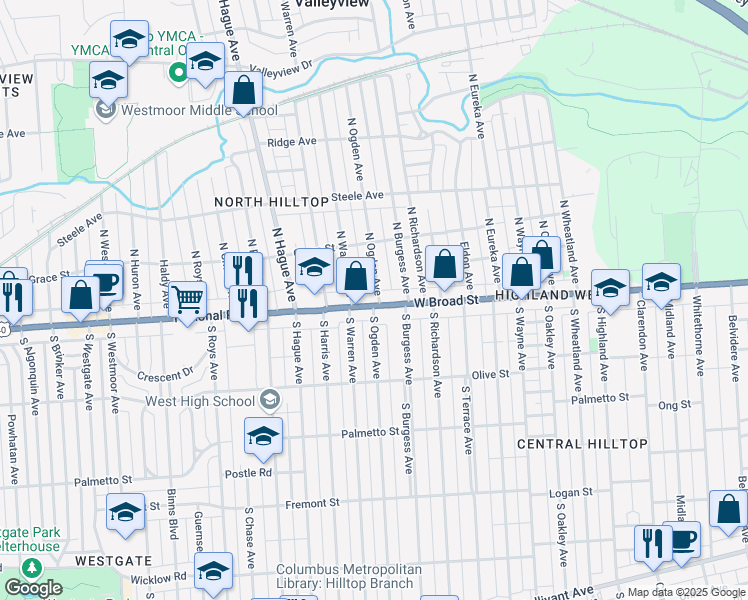 map of restaurants, bars, coffee shops, grocery stores, and more near 2630 West Broad Street in Columbus