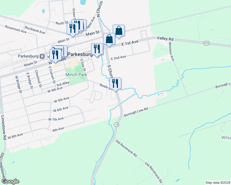 map of restaurants, bars, coffee shops, grocery stores, and more near 10 Beale Drive in Parkesburg