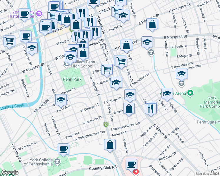 map of restaurants, bars, coffee shops, grocery stores, and more near 536 South Duke Street in York